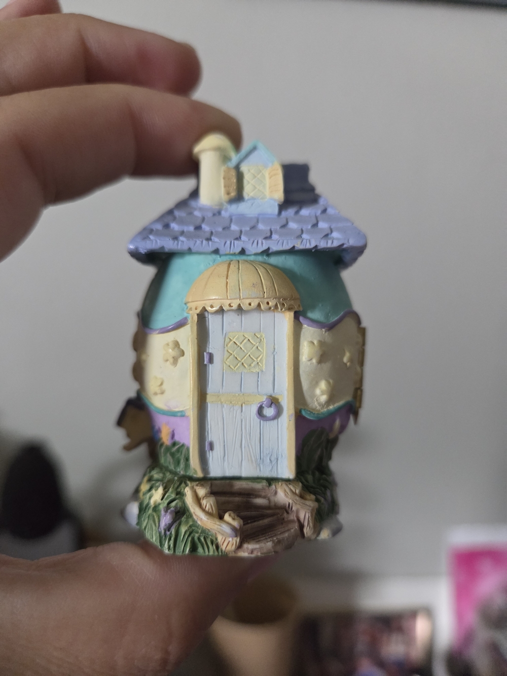 Miniature Collectible Easter Egg Figurine in Pastel Blue, Purple & Yellow
